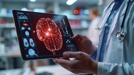 Aufkleber - Doctor showing a 3D of brain with pain in red on a digital tablet. Patient holding his head behind the doctor. Generative AI.