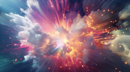 Wall Mural - A concept of a cloud bursting with data, visually represented by colorful light explosions, symbolizing data processing and computation.