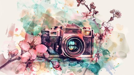 Camera Flower. Vintage Watercolor Camera for Bright Photo Card Design