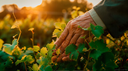 A professional hands of oenologist or winemaker checks the vineyard and the quality of the grapes for the wine