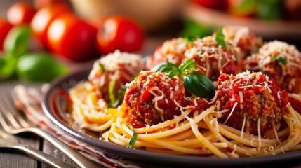 Poster - A delicious plate of spaghetti and meatballs smothered in rich marinara sauce and sprinkled with grated cheese.