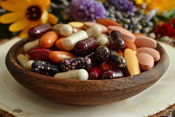 Wall Mural - A wooden bowl filled with assorted fruits and vegetables