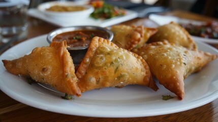 Wall Mural - A delicious plate of vegetarian samosas served with tangy tamarind chutney for dipping.