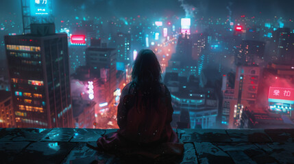 Wall Mural - A woman is sitting on a ledge in a city at night, looking at her phone