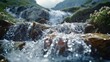 © visoot - A mountain stream, stone, waterfall, low angle shot. Generative AI.