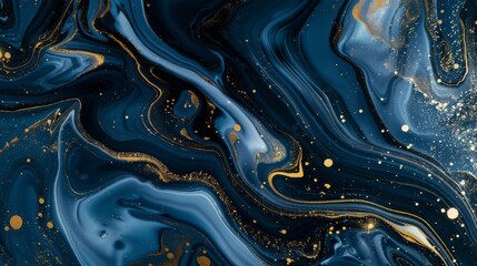 Poster - A fluid abstract background with marbled patterns in blue, gold, and white.