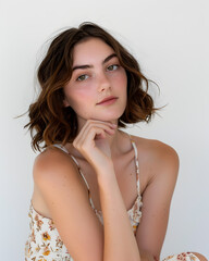 Wall Mural - A female model, posing with one hand resting on her chin and a thoughtful look, against a solid white background. She is wearing a summer dress with floral patterns.