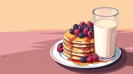 Poster - A glass of milk next to a stack of pancakes topped with syrup and berries.