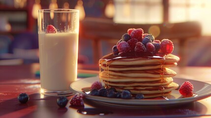 Poster - A glass of milk next to a stack of pancakes topped with syrup and berries.