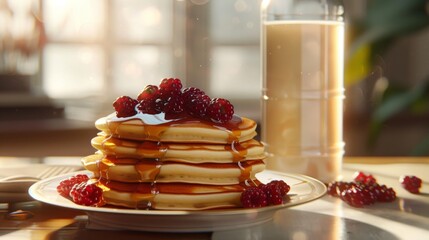 Poster - A glass of milk next to a stack of pancakes topped with syrup and berries.