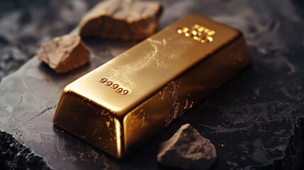Poster - Gold bar on a pure dark background without stones. top view. Generative AI.