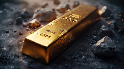 Poster - Gold bar on a pure dark background without stones. top view. Generative AI.