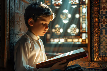 A little Muslim boy sits quietly, reading the holy book Quran. The importance of early religious education and spiritual development. Generative AI.