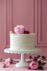 Poster - White cake on stand, simple, pastel pink background. Generative AI.