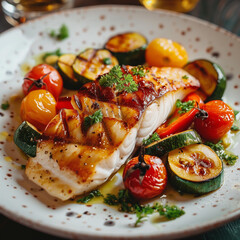 Grilled salmon fillet with fresh vegetables on a white plate, a healthy gourmet dish