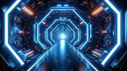 Poster - A dark background with futuristic elements and blue lights, with an abstract hexagonal shape in the center of the screen. the walls feature geometric patterns illuminated white light. Generative AI.