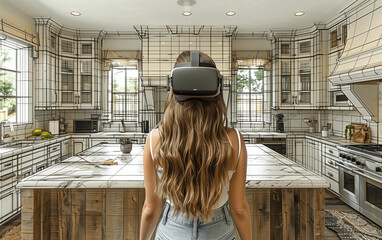 Woman experimenting with virtual reality headset in kitchen. Generative AI