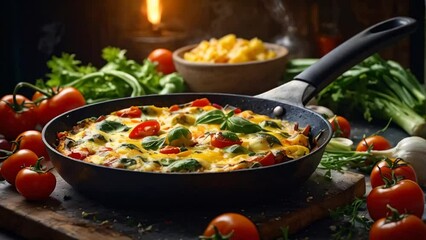 Wall Mural - Delicious frittata in a frying pan, Italian traditional food dinner