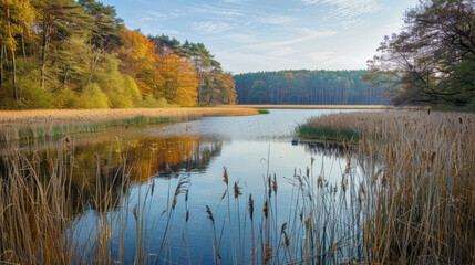 Wall Mural - Scenic autumn landscape of calm lake surrounded by forest