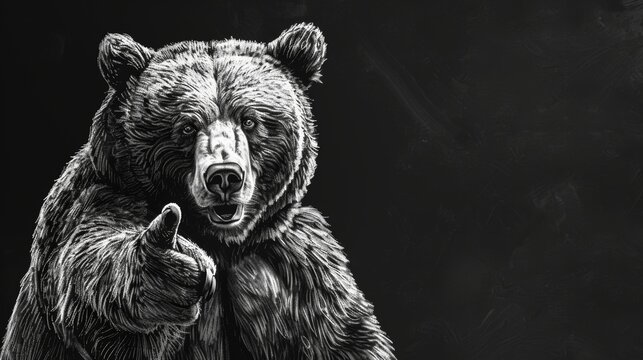 Black and white illustration of a bear pointing forward
