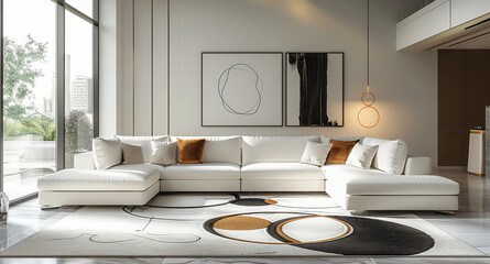 Poster - A modern living room with a white sectional sofa, abstract rug, and minimalist decor. Generative AI.