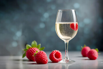 A glass of clear water and a strawberry - Generative AI