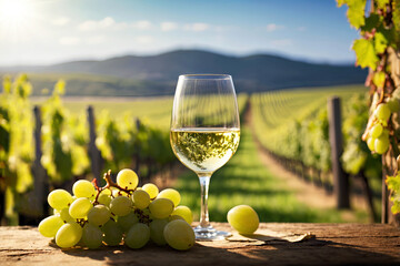 Sunlit vineyard scene: photograph a glass of chilled white wine held up agents a sunlit vineyard - Generative AI