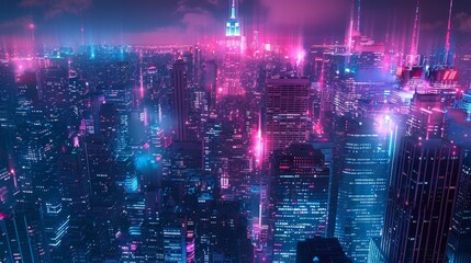 Wall Mural - Pink blue neon cityscape. Aerial high view. Generative AI.