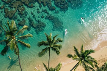 Canvas Print - Natural Beach with Paddleboarders and Palms