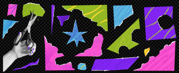 Poster - Set of paper cutout shapes element with collage hand with the hand holding the scissors. Star and frame edge. Poster stickers. Vector kit. Bold colors. Trendy  halftone effect on transparent bg.