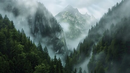 Beautiful mountain view with forests and rocks and fog