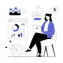 Wall Mural - Digital business concept. Woman compares sales performance of company and analyzing statistics. Vector illustration with line people for web design.