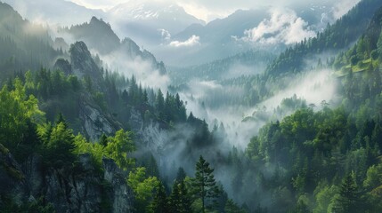Wall Mural - mountain view with forests and rocks and fog