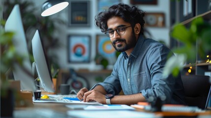 Aufkleber - A professional Indian handsome graphic designer working on his computer in an office, sitting at his desk drawing with pen and paper, has a focused expression. Generative AI.