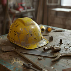 Tools around a yellow hard hat on a table