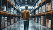 © standret - Man walking in warehouse aisle while taking notes