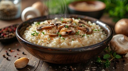 Macro shot showcasing the creamy texture of risotto with mushrooms and a hint of grated cheese