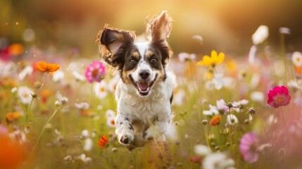 Poster - A playful dog running through a field of flowers, ears flapping in the wind.