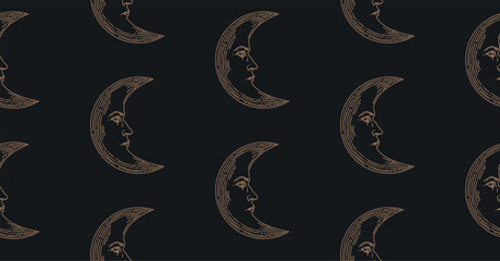Poster - Seamless pattern. Crescent moon vector illustration. Ornament with the moon. Linear drawing.  Moon with a human face. Repeating elements.
