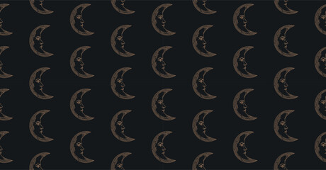 Poster - Seamless pattern. Crescent moon vector illustration. Ornament with the moon. Linear drawing.  Moon with a human face. Repeating elements.