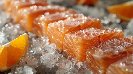 A high-resolution image of neatly arranged salmon slices on crushed ice with visible textures and vibrant colors