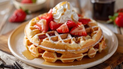 Poster - A stack of golden brown waffles topped with whipped cream and strawberries, served with a side of syrup.