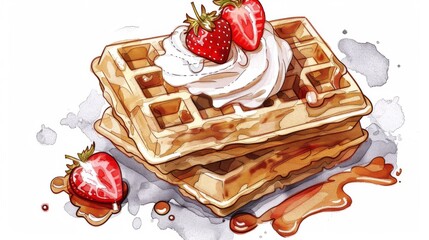 Poster - A stack of golden brown waffles topped with whipped cream and strawberries, served with a side of syrup.