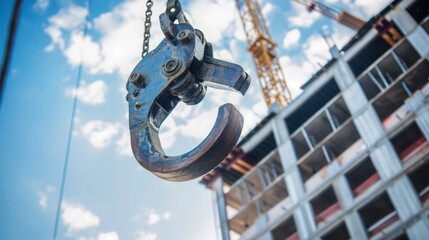 Wall Mural - close-up of a crane hook lifting a large piece of construction equipment into place