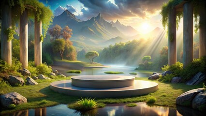 Wall Mural - Podium in A peaceful garden with a pond and sunlight filtering through the trees.