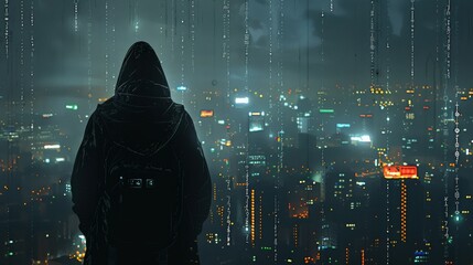 Fototapete - A silhouette of a hacker against a backdrop of a cityscape filled with digital data streams and locks, with empty space at the bottom for text. Generative AI.