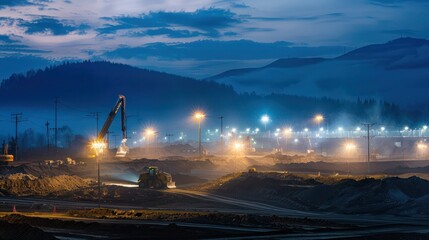 Wall Mural - construction site at night with floodlights illuminating the work area and machinery operating