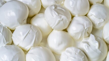 Wall Mural - Detailed shot of a cluster of fresh mozzarella balls, smooth surfaces and milky white color, soft light, detailed and fresh. 