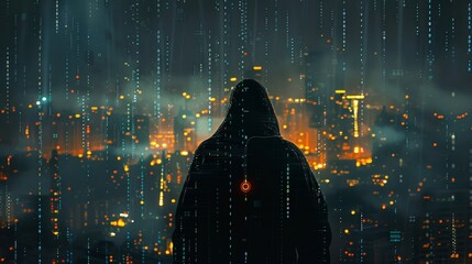 Fototapete - A silhouette of a hacker against a backdrop of a cityscape filled with digital data streams and locks, with empty space at the bottom for text. Generative AI.
