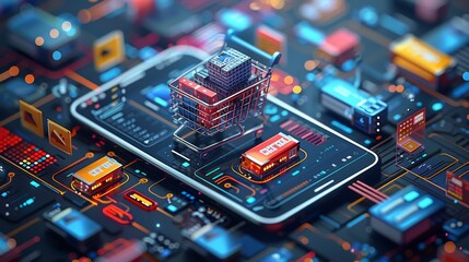 Poster - E-commerce and Online Shopping. Digital illustration of an online shopping interface with product listings and payment options, symbolizing accessibility of e-commerce platforms. Generative AI.